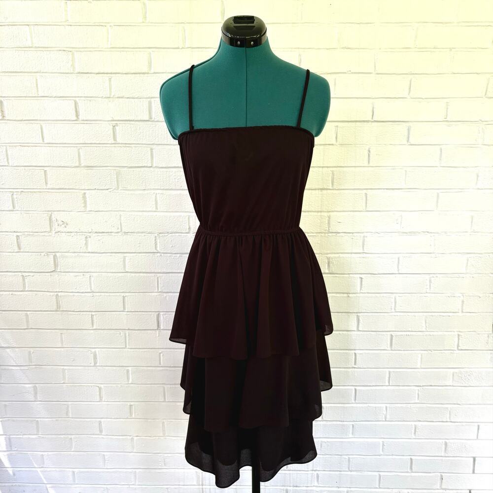 Vintage 70s black polyester layered midi dress